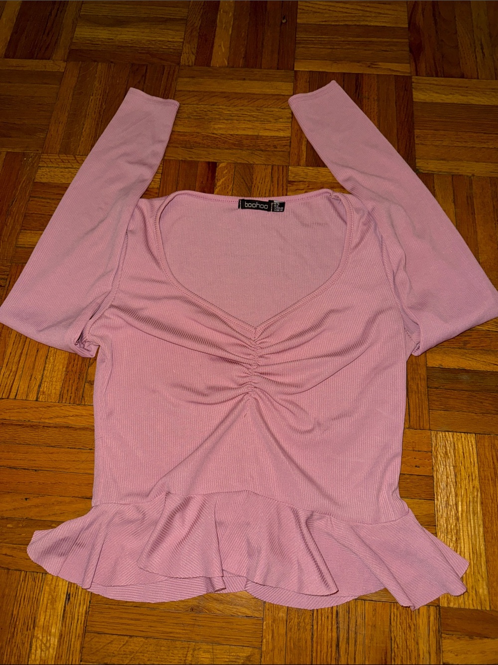 Boohoo Pink Ruched Peplum Long Sleeve Top